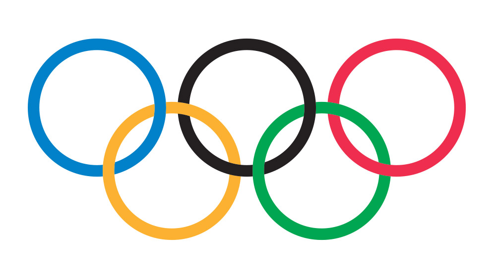 The logo of the blue, yellow, black, green and red Olympic rings.
